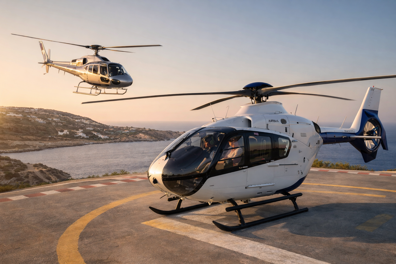 Airbus H135 helicopter flying over Donousa island in the Small Cyclades during a private helicopter charter from Athens by Fly G Aviation