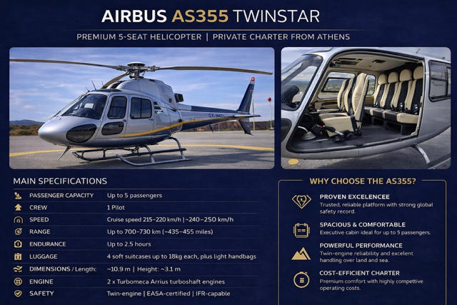 Airbus AS355 TwinStar private helicopter exterior and interior with specifications including capacity, performance and luggage – Fly G Aviation Athens helicopter charter