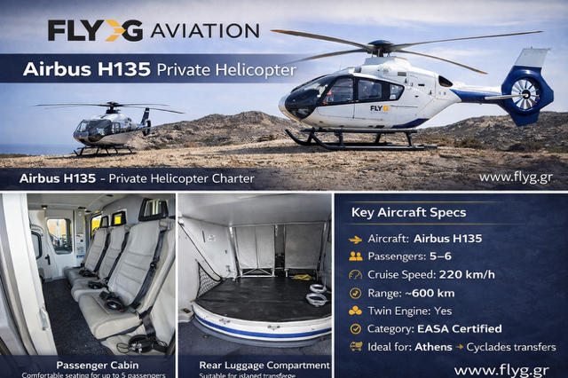Airbus H135 private helicopter charter by Fly G Aviation — exterior shot on Greek terrain showing two H135 aircraft, passenger cabin with comfortable seating for up to 6, and rear luggage compartment suitable for island transfers. Key specs: 5–6 passengers, cruise speed 220 km/h (137 mph), range ~600 km (390 miles), twin engine, EASA certified. Ideal for Athens to Cyclades helicopter transfers. flyg.gr​​​​​​​​​​​​​​​​