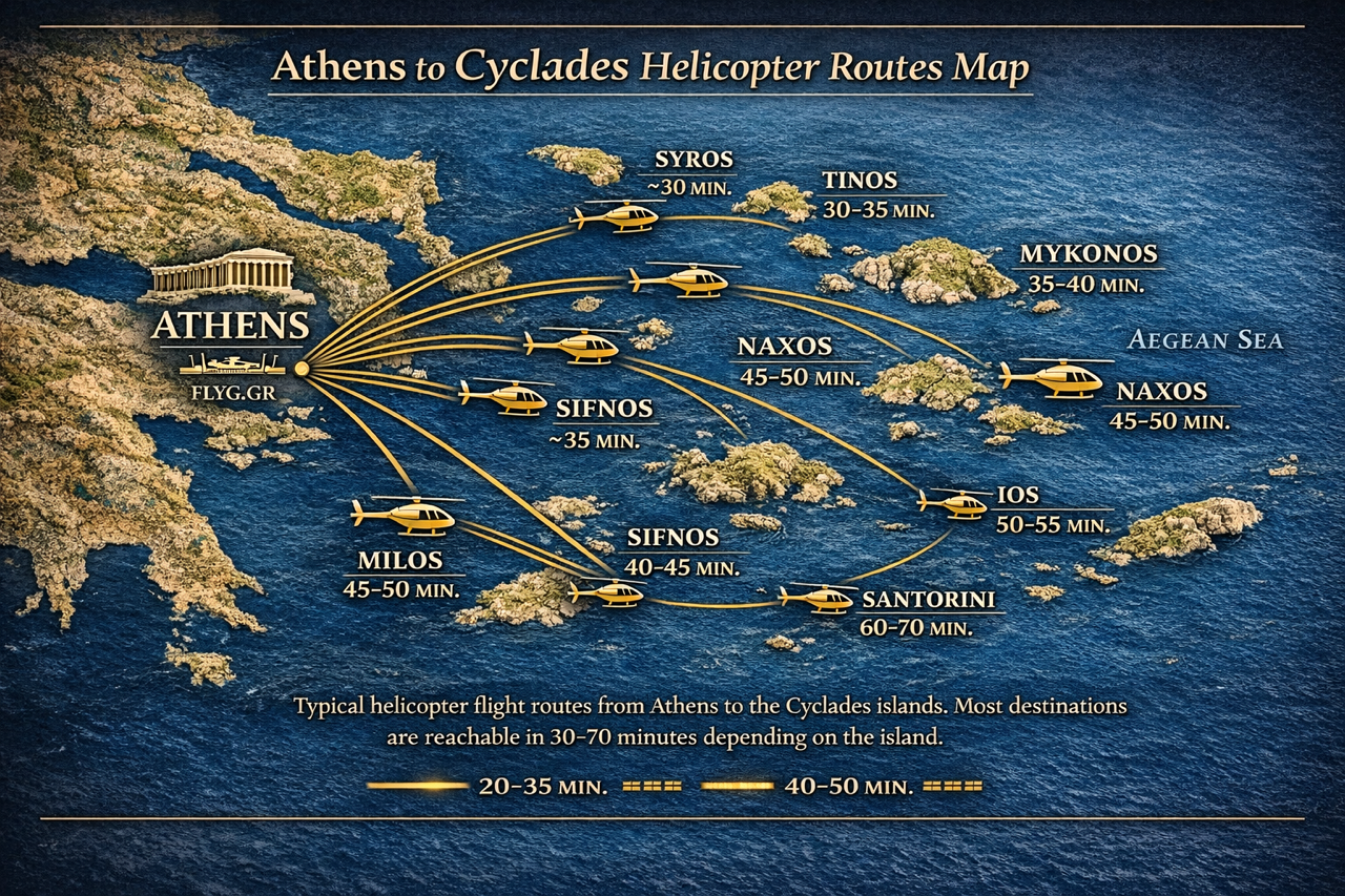 Map infographic showing helicopter routes from Athens to Cyclades islands including Mykonos, Santorini, Naxos, Milos, Sifnos, Syros and Tinos with typical flight times.