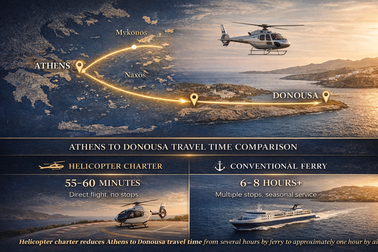 Infographic comparing helicopter travel time from Athens to Donousa with ferry connections across the Cyclades