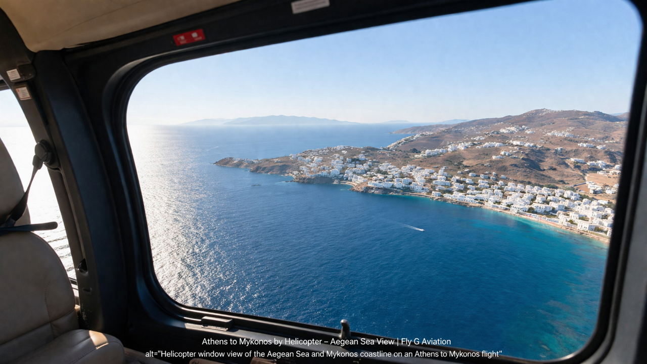 Helicopter window view of the Aegean Sea and Mykonos coastline on an Athens to Mykonos flight