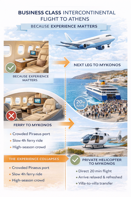 Infographic comparing a business class flight to Athens followed by a crowded ferry to Mykonos versus a direct private helicopter transfer from a helipad near Athens Airport.