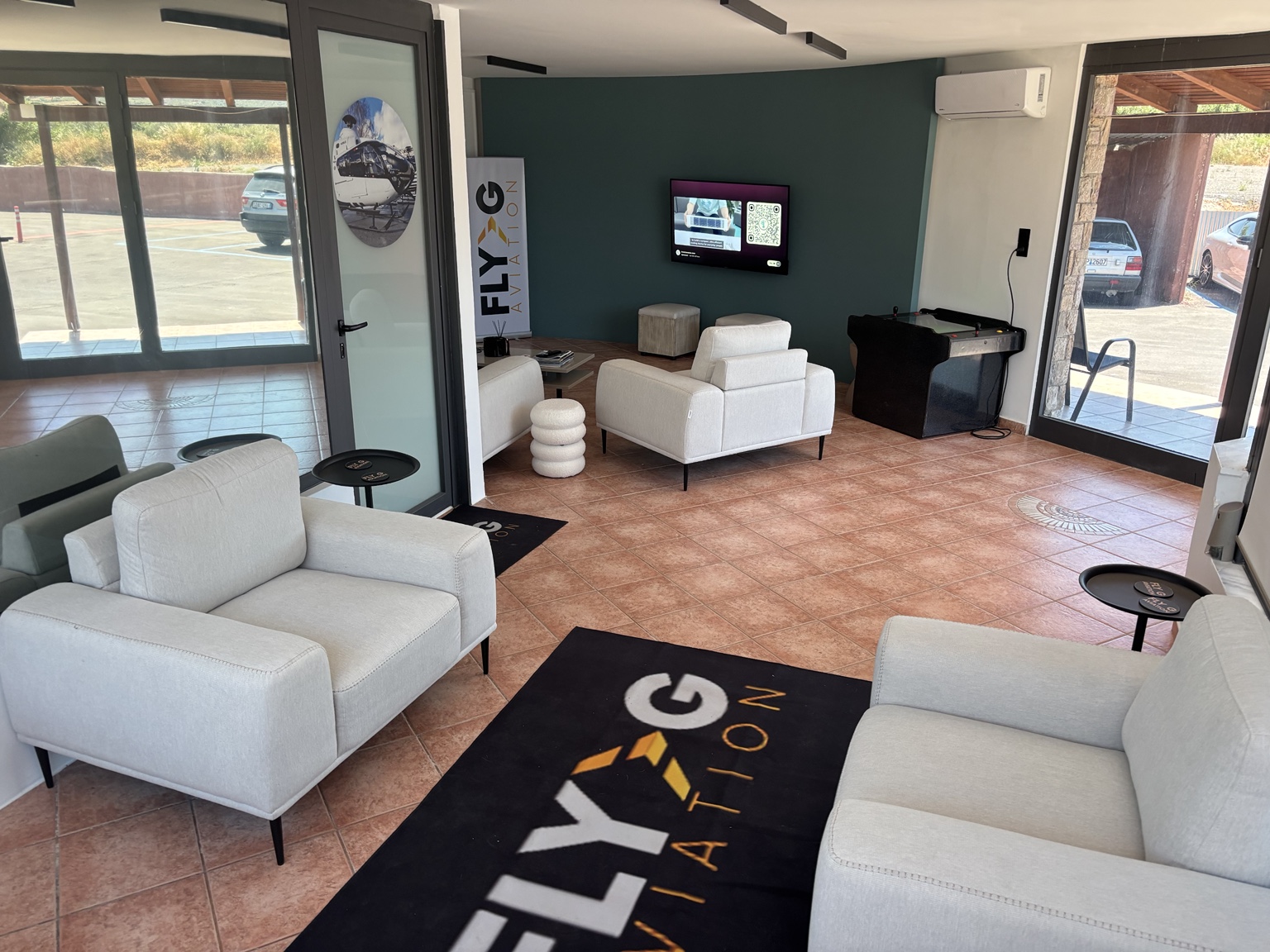 Private passenger lounge at the Fly G Aviation Athens helipad before departure to Mykonos