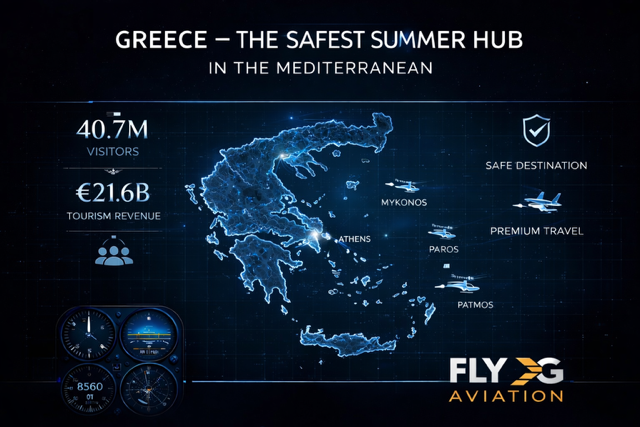 Infographic showing Greece as a safe summer travel destination with Athens hub and tourism statistics by Fly G Aviation