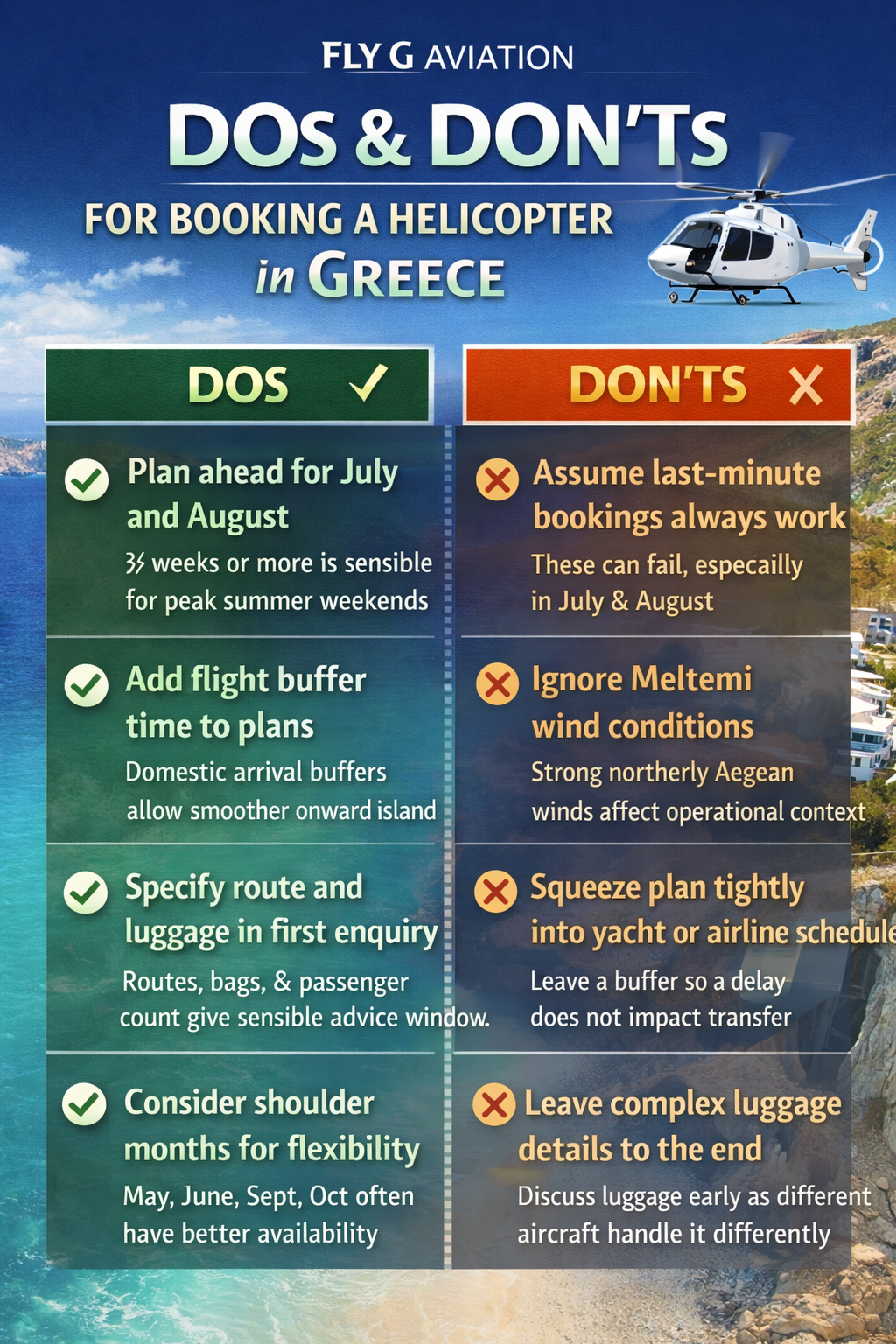 Infographic showing the main dos and don’ts for booking a helicopter in Greece, including early summer planning, buffer time, luggage details, and avoiding last-minute assumptions during peak season — Fly G Aviation