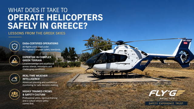 Fly G Aviation Airbus H135 helicopter at a Greek island helipad, illustrating safe helicopter operations in Greece with EASA-certified procedures, experienced crews, and professional flight planning.