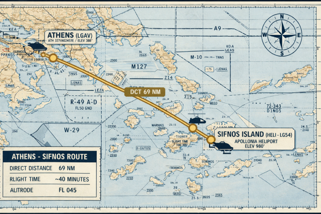 Aviation navigation map showing the helicopter route from Athens to Sifnos across the Cyclades, approximately 40 minutes with Fly G Aviation