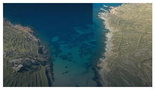 Aerial view of a Patmos cove with dark overlay for headline text, turquoise water and coastline visible