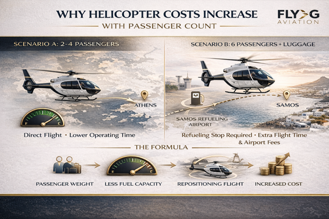 Infographic explaining why helicopter charter costs increase with more passengers, showing fuel capacity limits, refueling stop, and additional operating costs.
